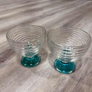 Vintage Footed Sherbet Dessert Bowls Clear Glass Turquoise Pedestal Base Set 2
